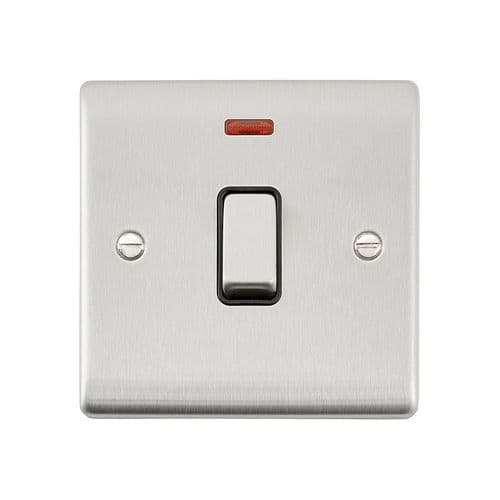 Saxby Raised Screwed 20A 1G DP Switch With Neon - Brushed Steel With Black Insert RS271BSB By Saxby