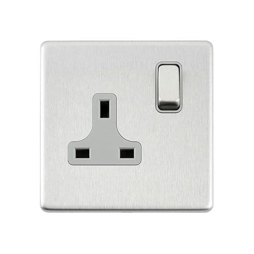 Saxby Screwless 13A 1G DP Switched Socket - Brushed Steel With Grey Insert SL412BSG By Saxby
