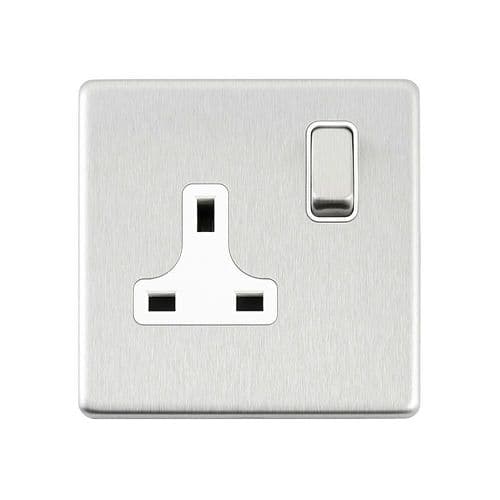 Saxby Screwless 13A 1G DP Switched Socket - Brushed Steel With White Insert SL412BSW By Saxby