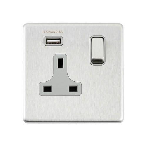 Saxby Screwless 13A 1G DP Switched Socket with 2.1V USB - Brushed Steel With Grey Insert SL413BSG