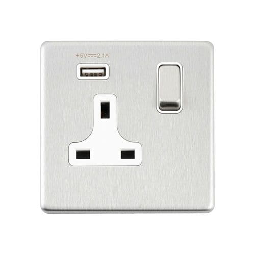 Saxby Screwless 13A 1G DP Switched Socket with 2.1V USB - Brushed Steel With White Insert SL413BSW