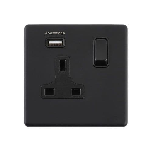 Saxby Screwless 13A 1G DP Switched Socket with 2.1V USB - Matt Black With Black Insert SL413BLB