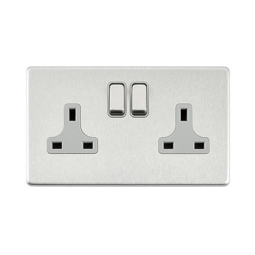 Saxby Screwless 13A 2G DP Switched Socket - Brushed Steel With Grey Insert SL422BSG By Saxby
