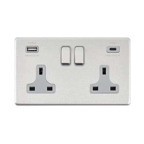 Saxby Screwless 13A 2G DP Switched Socket with 15.5W USB A+C - Brushed Steel W Grey Insert SL425BSG