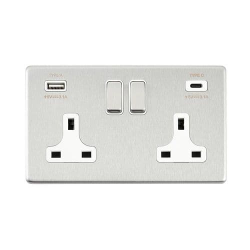 Saxby Screwless 13A 2G DP Switched Socket with 15.5W USB A+C - Brushed Steel W White Insert SL425BSW