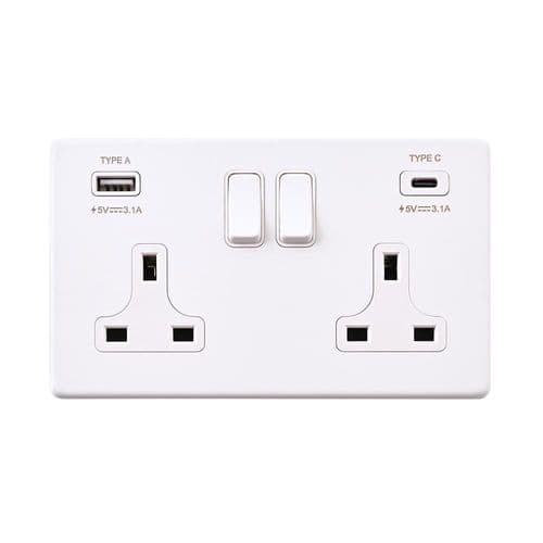 Saxby Screwless 13A 2G DP Switched Socket with 15.5W USB A+C - Matt White With White Insert SL425WHW