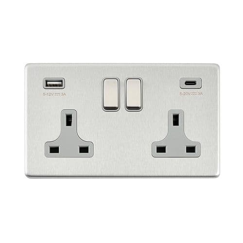 Saxby Screwless 13A 2G DP Switched Socket with 45W USB A+C - Brushed Steel With Grey Insert SL424BSG