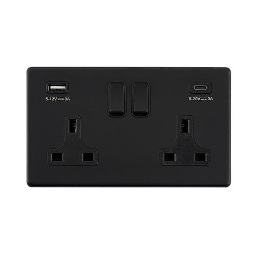 Saxby Screwless 13A 2G DP Switched Socket with 45W USB A+C - Matt Black With Black Insert SL424BLB