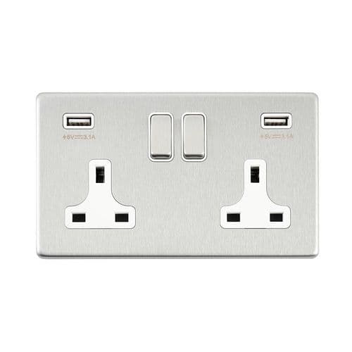 Saxby Screwless 13A 2G DP Switched Socket with twin 5V USB - Brushed Steel W White Insert SL423BSW