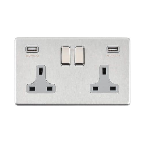 Saxby Screwless 13A 2G DP Switched Socket with twin 5V USB - Brushed Steel With Grey Insert SL423BSG