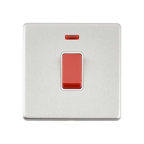 Saxby Screwless 45A 1G DP Switch with Neon - Brushed Steel With White Insert SL553BSW By Saxby