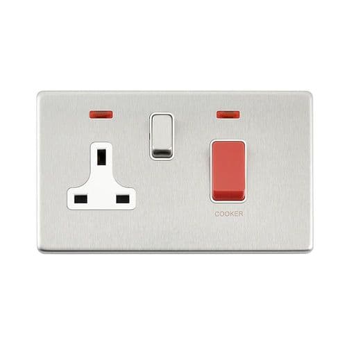 Saxby Screwless 45A DP Cooker Sw with 13A Socket with Neon - Brushed Steel W White Insert SL551BSW