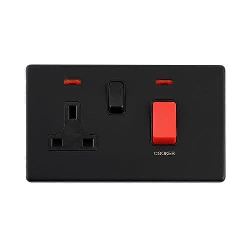 Saxby Screwless 45A DP Cooker Sw with 13A Socket with Neon - Matt Black With Black Insert SL551BLB