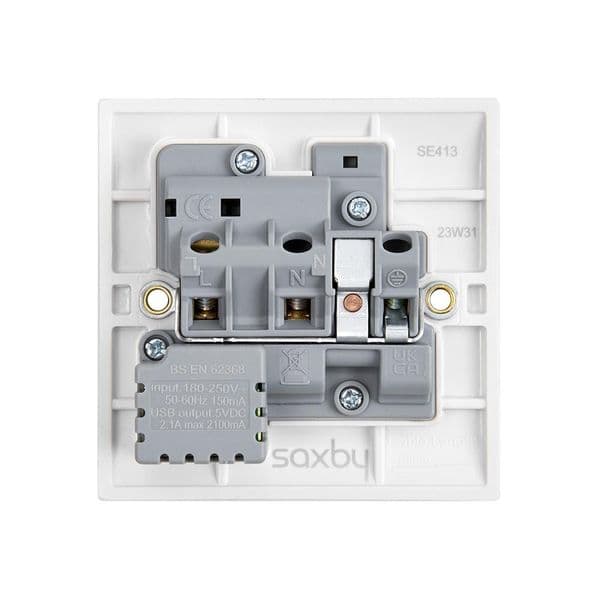 Saxby Square Edge 13A 1G SP Swiched Socket With 2.1V USB SE413 By Saxby Electrical