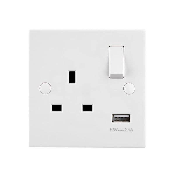 Saxby Square Edge 13A 1G SP Swiched Socket With 2.1V USB SE413 By Saxby Electrical