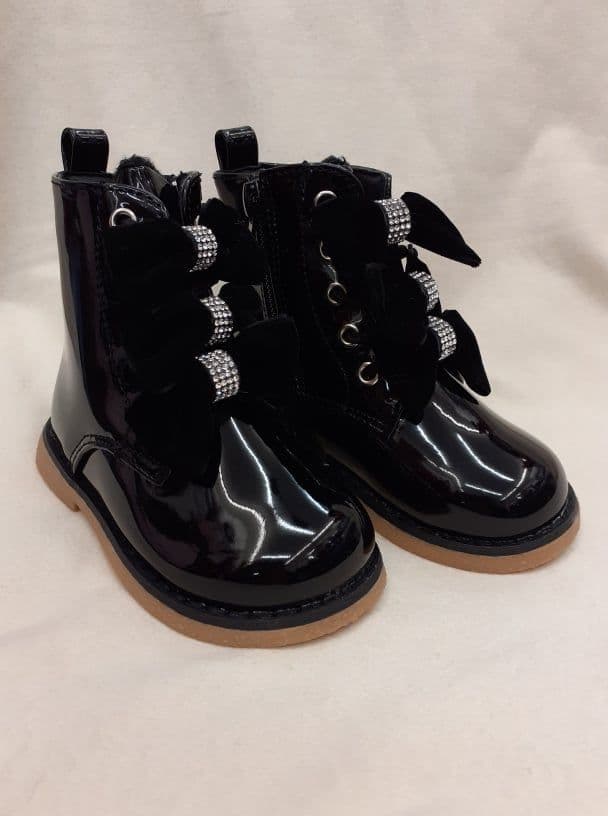 Girls Black Patent Faux Leather Boots - Quilted Bow Sparkle Shoes With Zip & Lace Up Design