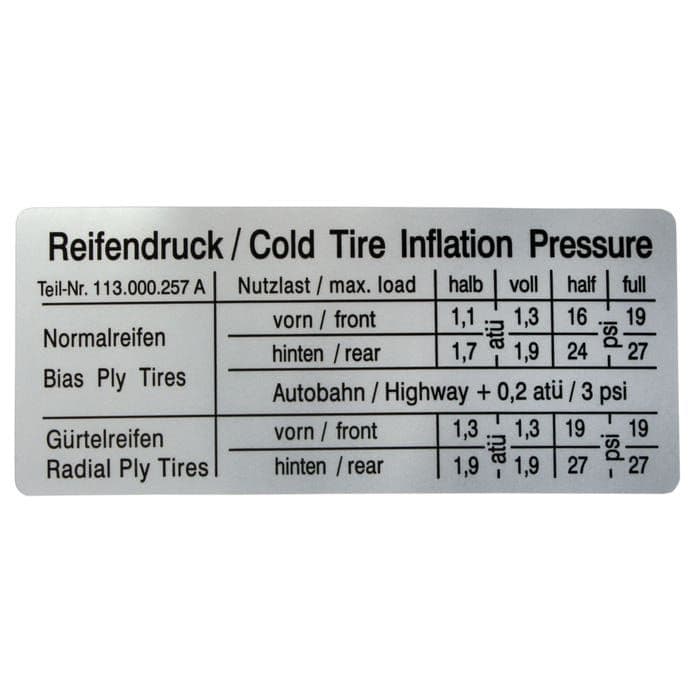 Sticker - Tyre Inflation: Beetle 1950-1979