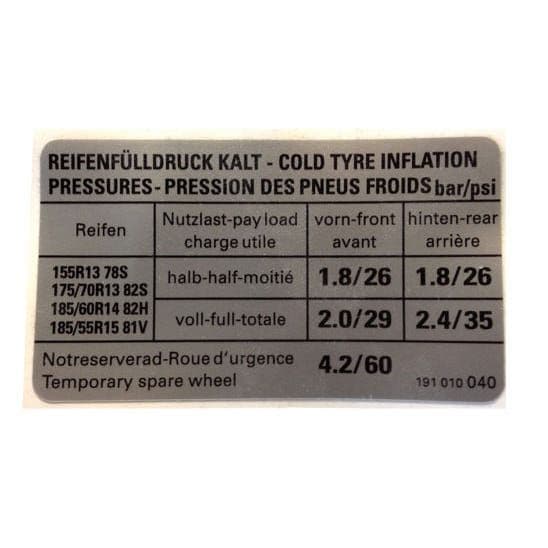 Sticker Tyre Pressure 1.3: Golf Mk2 1984-1992