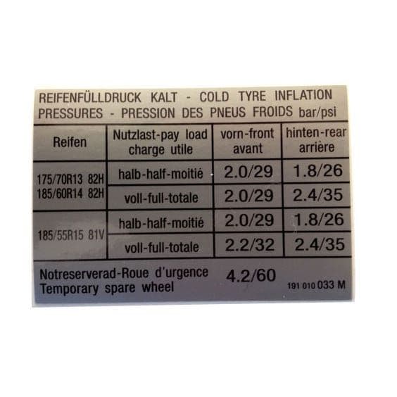 Sticker Tyre Pressure 74x51mm: Golf Mk2 1984-1992