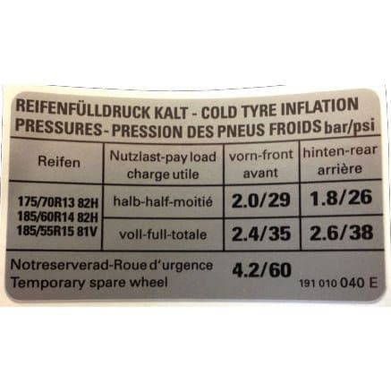Sticker Tyre Pressure GTI 8V: Golf Mk2 1984-1992