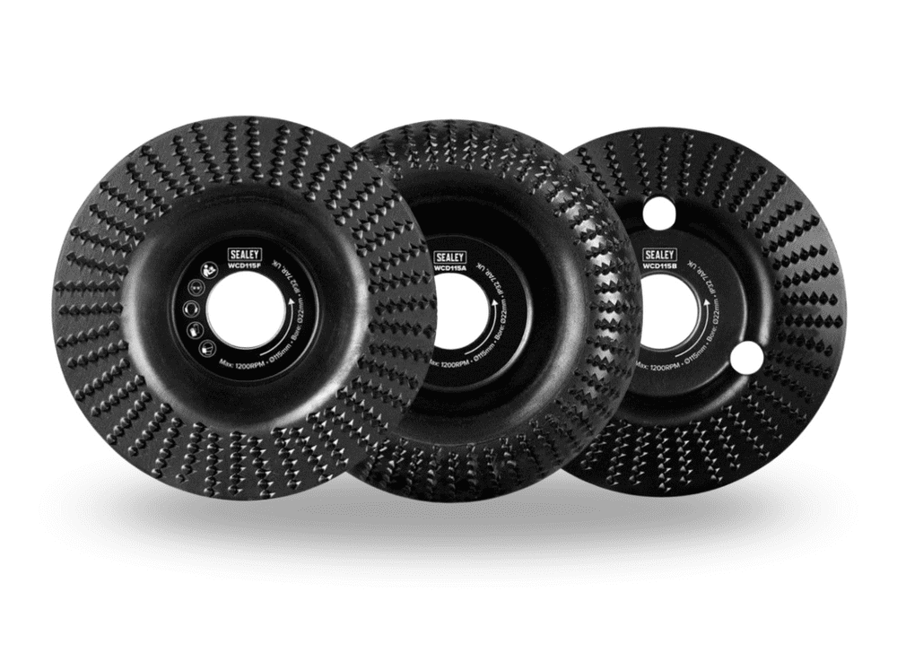115 mm x 22 mm Arc, Bevel & Flat Shape Wood Carving Disc Set. Sealey ...