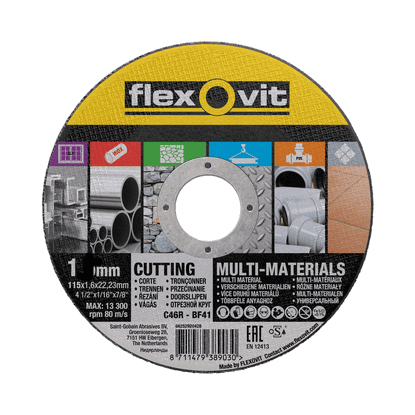 115 x 1 mm Flexovit multi-purpose cutting discs. Flat sided.