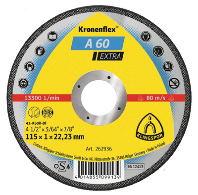 115 x 1 mm  Klingspor Kronenflex Flat Cutting discs  for Steel & Stainless Steel. Per 25.