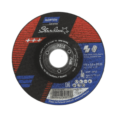 115 x 3.2 mm Norton Starline cutting discs. Steel/Stainless steel. Type 42. Price per 25