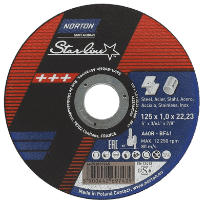 125 x 1 mm Norton Starline Cutting Discs. Flat. Inox. Steel/Stainless steel. Type 41. Price per 25