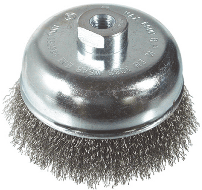 140mm Flared cup crimp wire brush. Mild steel wire.