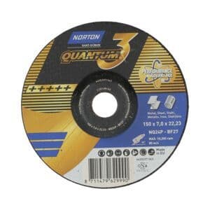 150 x 7 mm Norton Quantum 3 Ceramic Grinding Discs. Steel and stainless steel. Type 27. Per 10