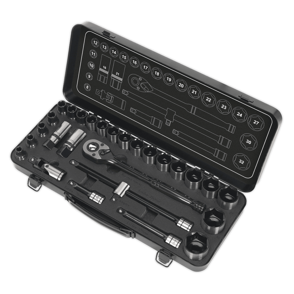28pc 1 2 X22 Sq Drive WallDrive Socket Set Metric Black Series AK7972 28pc-1-2-x22-sq-drive-walldrive-socket-set-metric-black-series-ak7972