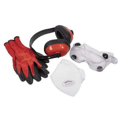 Flexi Grip Gloves, FFP1 Mask, Goggles & Ear Defenders