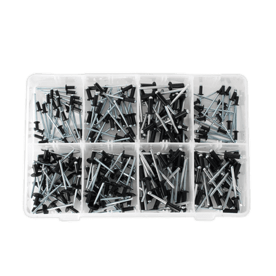 Rivet Assortment 200pc Black Anodised. AB074BR