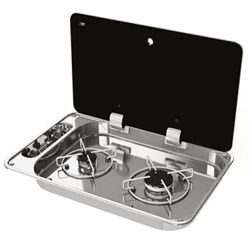 2 BURNER HOB WITH GLASS LID, PIEZO IGNITION