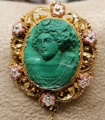 Antique Victorian Full Front Malachite Cameo Bacchante circa 1800s Brooch