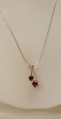 Double Heart Diamond and Amethyst Silver Pendant