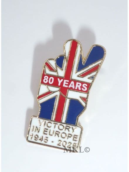 Lapel Pin Celebrating Victory in Europe, V-Sign, 80 Years 1945-2025 (VE011)