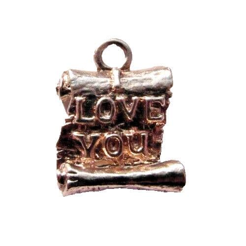 old vintage silver charm of a scroll reading 'Love you' for a charm bracelet