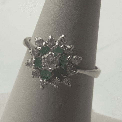 Q104 LADIES 9CT WHITE & YELLOW GOLD EMERALD AND 0.40CT DIAMOND CLUSTER RING  M
