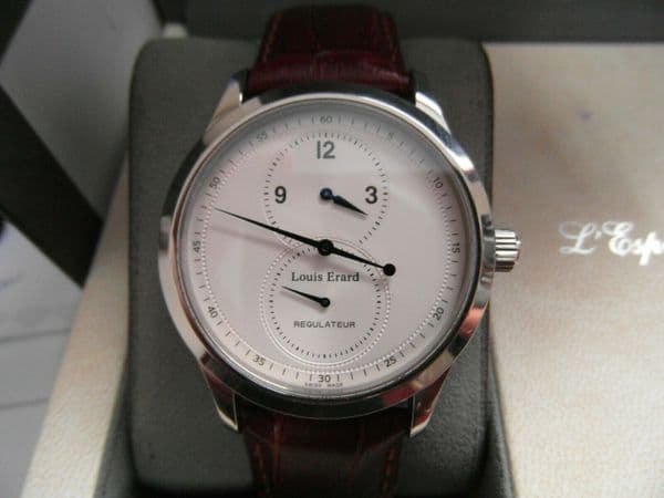 Q183 Mens / Gents Rare Louis Erard regulator glass back wrist watch