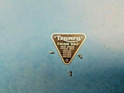 TRIUMPH  PATENT PLATE   70-1678   PRE UNIT   TIGER 100