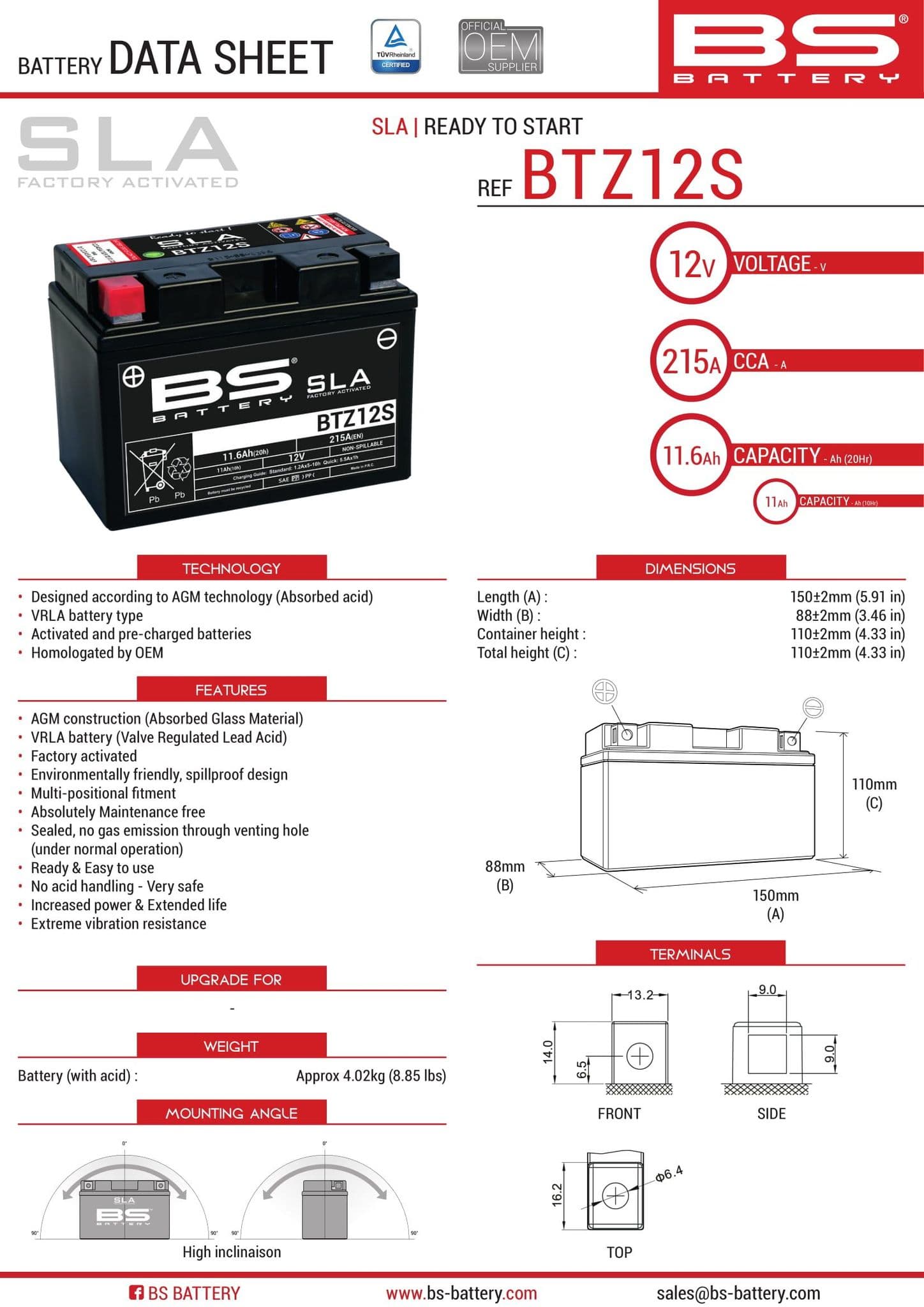 BS BTZ12S YTZ12S SLA Battery