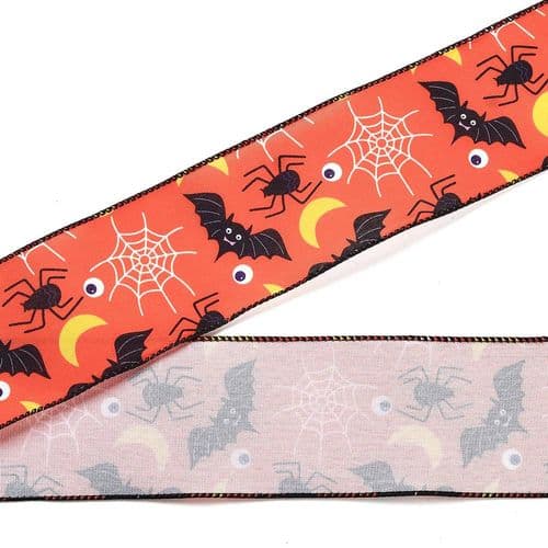 Halloween Wired Ribbon - Bat and Spider Design 63mm Wide (4.5M Roll)