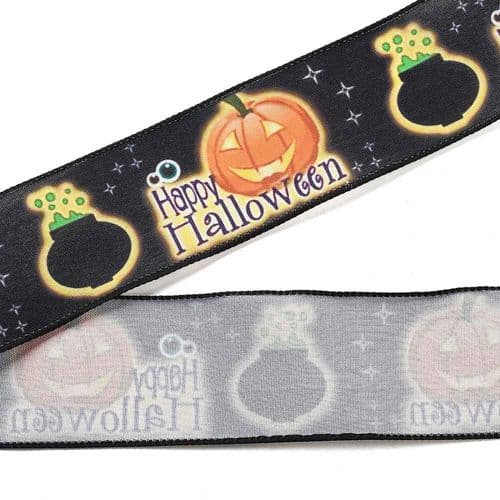 Halloween Wired Ribbon - Cauldren & Jack O'Lantern Design 63mm Wide (4.5M Roll)