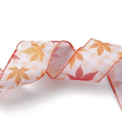 Halloween Wired Ribbon - Maple Leaf and Gingham Design 63mm Wide (Per Metre)