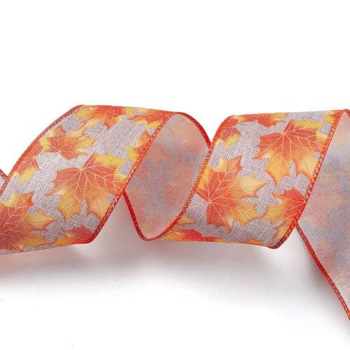 Halloween Wired Ribbon - Maple Leaf Design 63mm Wide (Per Metre)