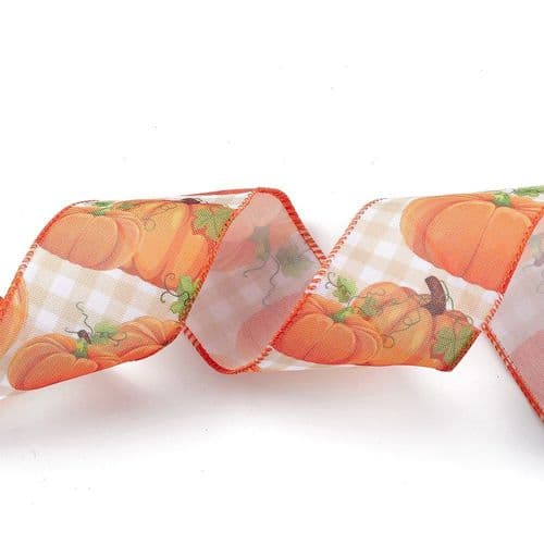 Halloween Wired Ribbon - Pumpkin and Orange Gingham Design 63mm Wide (Per Metre)
