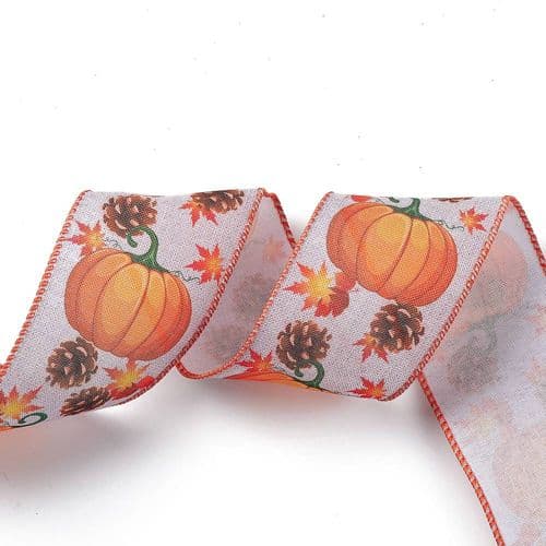 Halloween Wired Ribbon - Pumpkin and Pinecone Design 63mm Wide (Per Metre)