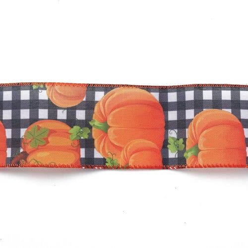 Halloween Wired Ribbon - Pumpkin & Black Gingham Design 63mm Wide (Per Metre)